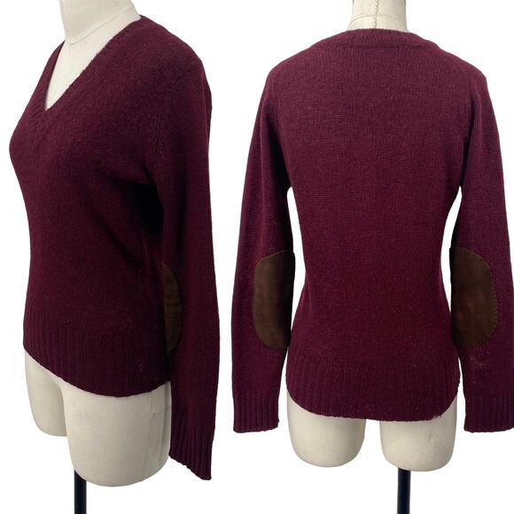 Vintage 60s Hudsons Detroit Sweater Shetland Wool V Neck Elbow Patches Burgundy - Picture 1 of 13